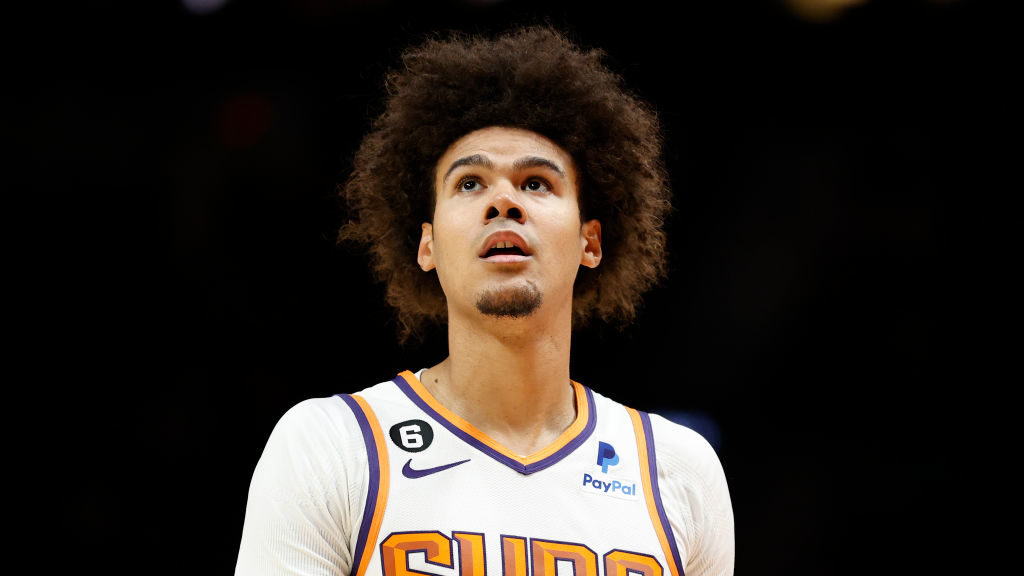 Cameron Johnson #23 of the Phoenix Suns looks on during the second quarter against the Portland Tra...