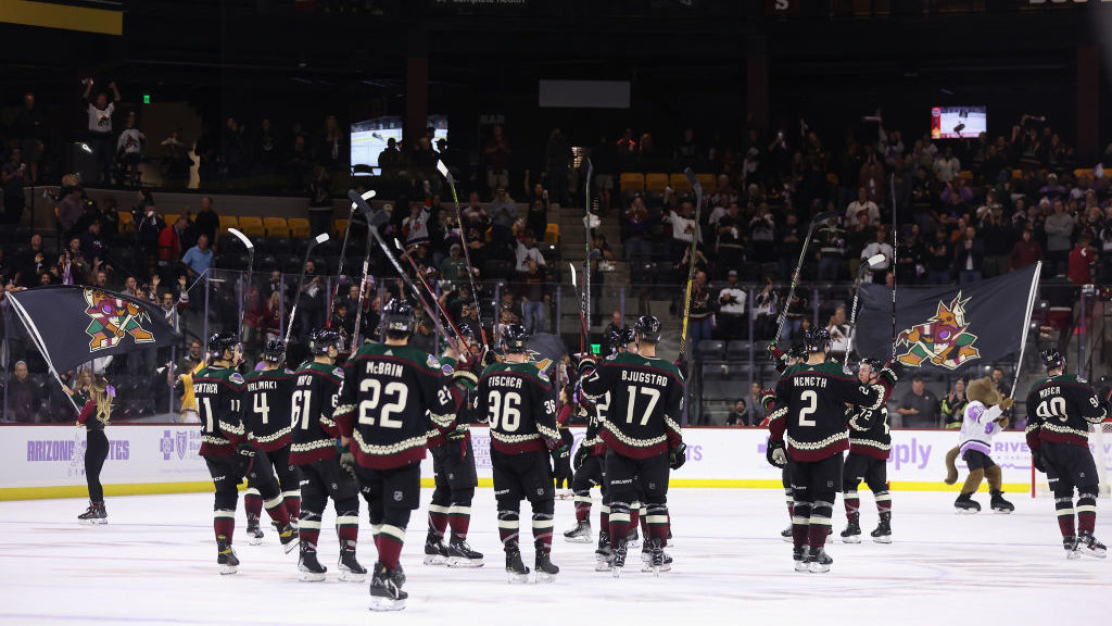 The Arizona Coyotes celebrate after defeating the Florida Panthers in NHL game at Mullett Arena on ...