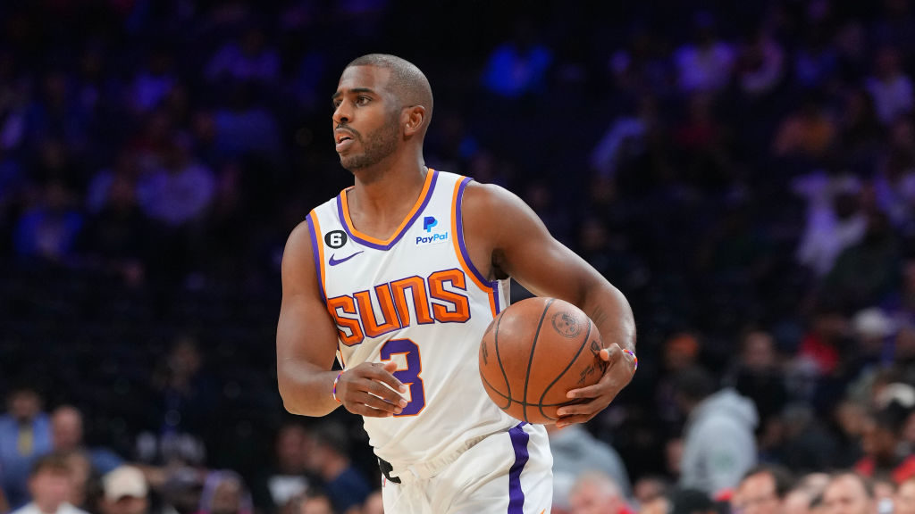 Chris Paul #3 of the Phoenix Suns dribbles the ball against the Philadelphia 76ers at the Wells Far...