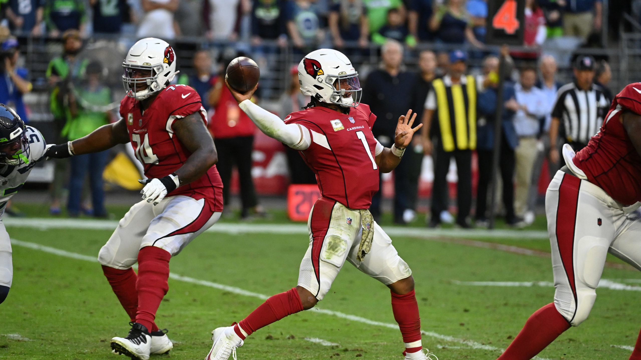 Kyler Murray #1 of the Arizona Cardinals throws the ball against the Seattle Seahawks at State Farm...
