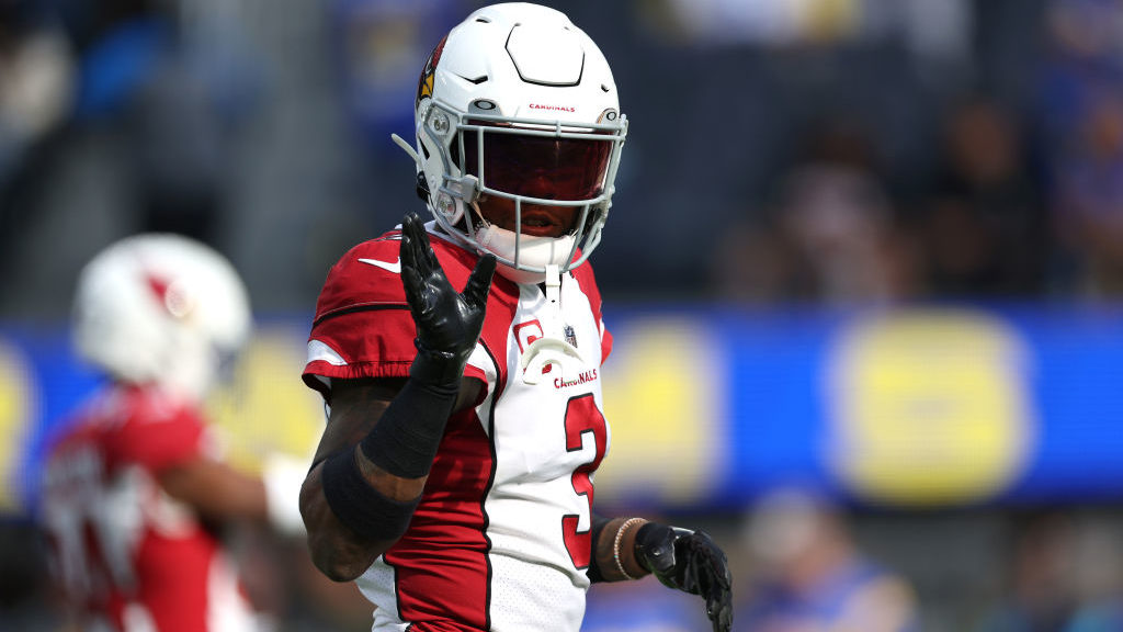 Budda Baker #3 of the Arizona Cardinals gestures during warmups prior to the game against the Los A...