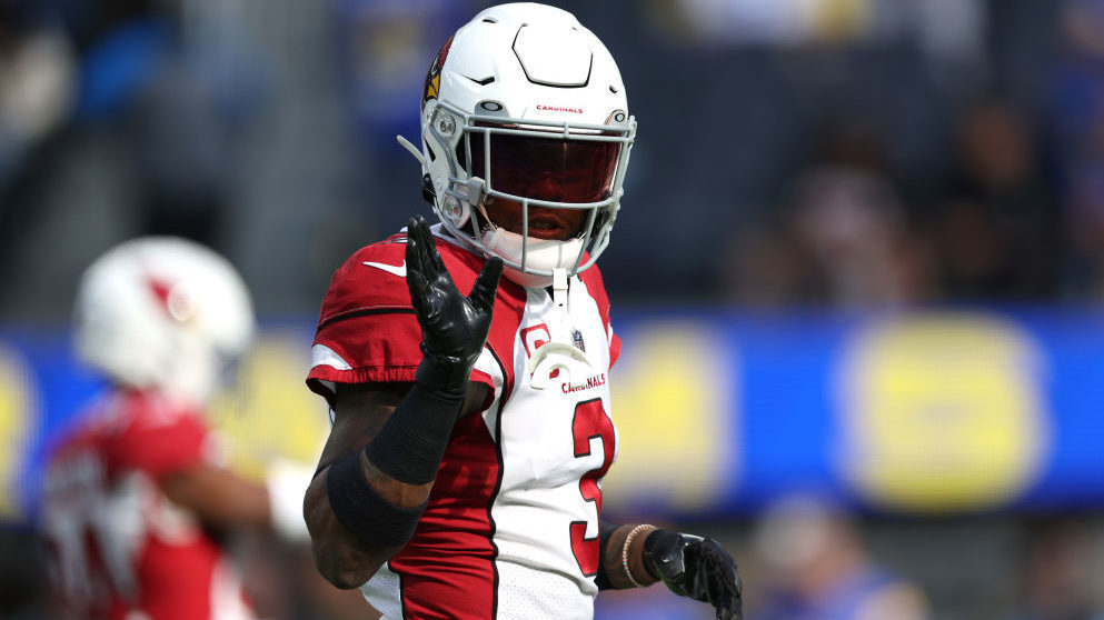 Budda Baker #3 of the Arizona Cardinals gestures during warmups prior to the game against the Los A...