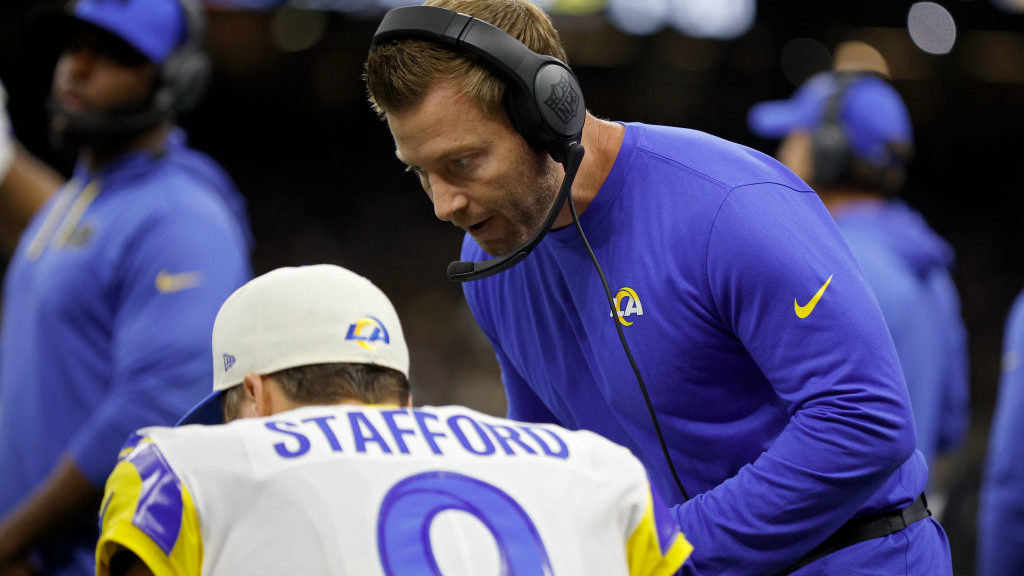 Head coach Sean McVay of the Los Angeles Rams talks with Matthew Stafford #9 of the Los Angeles Ram...