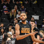 Phoenix Suns wing Mikal Bridges warms up before a 108-106 loss to the Portland Trail Blazers at Footprint Center in Phoenix, Ariz., on Nov. 4, 2022. (Arizona Sports Photo/Jeremy Schnell)