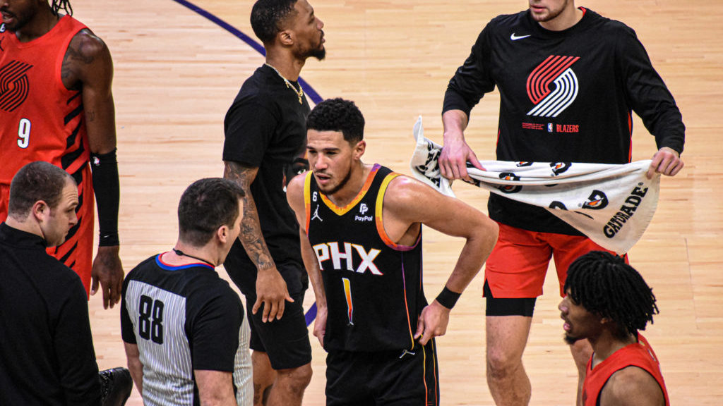 Phoenix Suns guard Devin Booker during a 108-106 loss to the Portland Trail Blazers at Footprint Ce...