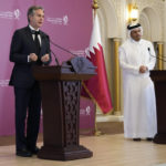 
              United States Secretary of State Antony Blinken, left, and Qatar Foreign Minister Mohammed Bin Adbulrahman Al Thani speak to media during a press conference at the Diplomatic Club, in Tuesday, Nov. 22, 2022. America's top diplomat criticized a decision by FIFA to threaten players at the World Cup with yellow cards if they wear armbands supporting inclusion and diversity. (AP Photo/Ashley Landis)
            