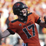 Oregon State quarterback Ben Gulbranson (17) drops back to pass against Oregon during the first half of an NCAA college football game on Saturday, Nov 26, 2022, in Corvallis, Ore. (AP Photo/Amanda Loman)