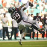 
              Houston Texans safety M.J. Stewart (29) defends Miami Dolphins wide receiver Jaylen Waddle (17) during the first half of an NFL football game, Sunday, Nov. 27, 2022, in Miami Gardens, Fla. (AP Photo/Michael Laughlin)
            