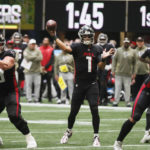 
              CORRECTS DATE TO SUNDAY, NOV. 6 INSTEAD OF TUESDAY, DEC. 6 - Atlanta Falcons quarterback Marcus Mariota (1) throws a pass during the first half of an NFL football game against the Los Angeles Chargers, Sunday, Nov. 6, 2022, in Atlanta. (AP Photo/Butch Dill)
            