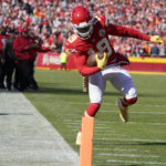 Kansas City Chiefs wide receiver Kadarius Toney heads for the end zone after catching a pass for a touchdown during the first half of an NFL football game against the Jacksonville Jaguars Sunday, Nov. 13, 2022, in Kansas City, Mo. (AP Photo/Ed Zurga)
