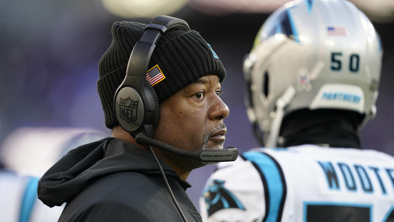 Carolina Panthers head coach Steve Wilks watches play in the second half of an NFL football game ag...