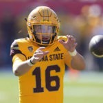 
              Arizona State quarterback Trenton Bourguet (16) takes the snap during the first half of an NCAA college football game against Oregon State in Tempe, Ariz., Saturday, Nov. 19, 2022. (AP Photo/Ross D. Franklin)
            