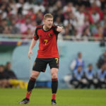 Belgium's Kevin De Bruyne gestures during the World Cup group F soccer match between Belgium and Morocco, at the Al Thumama Stadium in Doha, Qatar, Sunday, Nov. 27, 2022. (AP Photo/Frank Augstein)