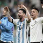 
              Argentina's Lionel Messi, center, celebrates at the end of the World Cup group C soccer match between Argentina and Mexico, at the Lusail Stadium in Lusail, Qatar, Saturday, Nov. 26, 2022. Argentina won 2-0. (AP Photo/Moises Castillo)
            