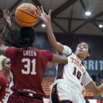 
              Stanford guard Lauren Green (31) is unable to control the ball next to Pacific guard Sydney Ward (10) during the second half of an NCAA college basketball game in Stockton, Calif., Friday, Nov. 11, 2022. (AP Photo/Godofredo A. Vásquez)
            