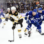 
              Boston Bruins forward Pavel Zacha (18) looks for a pass under pressure from Toronto Maple Leafs defenseman Morgan Rielly (44) during the first period of an NHL hockey game, Saturday, Nov. 5, 2022 in Toronto. (Christopher Katsarov/The Canadian Press via AP)
            