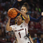 
              South Carolina guard Zia Cooke (1) is fouled by East Tennessee State guard Aaliyah Vananda during the first quarter of an NCAA college basketball game in Columbia, S.C., Monday, Nov. 7, 2022. (AP Photo/Nell Redmond)
            