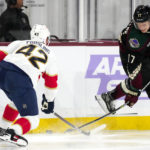 Arizona Coyotes center Nick Bjugstad (17) and Florida Panthers defenseman Gustav Forsling (42) battle for the puck during the third period of an NHL hockey game in Tempe, Ariz., Tuesday, Nov. 1, 2022. The Coyotes won 3-1. (AP Photo/Ross D. Franklin)