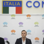
              World Athletics President Sebastian Coe, left, World Athletics CEO Jon Ridgeon, center, and Head of the World Athletics Russia Taskforce Group Rune Andersen attend a press conference at the conclusion of the World Athletics meeting at the Italian National Olympic Committee, headquarters, in Rome, Wednesday, Nov. 30, 2022. (AP Photo/Gregorio Borgia)
            
