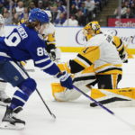 Toronto Maple Leafs' William Nylander (88) prepares to shoot as Pittsburgh Penguins goaltender Casey DeSmith (1) slides to make the save during the second period of an NHL hockey game Friday, Nov. 11, 2022, in Toronto. (Frank Gunn/The Canadian Press via AP)
