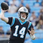 Carolina Panthers quarterback Sam Darnold passes during the first half of an NFL football game between the Carolina Panthers and the Denver Broncos on Sunday, Nov. 27, 2022, in Charlotte, N.C. (AP Photo/Rusty Jones)