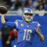 Detroit Lions quarterback Jared Goff throws during the first half of an NFL football game against the Green Bay Packers, Sunday, Nov. 6, 2022, in Detroit. (AP Photo/Duane Burleson)