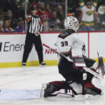 
              Arizona Coyotes goaltender Connor Ingram (39) kneels outside the net after the Minnesota Wild scored a goal during the third period of an NHL hockey game Sunday, Nov. 27, 2022, in St. Paul, Minn. (AP Photo/Stacy Bengs)
            