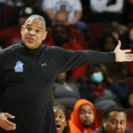 
              Hampton head coach David Six directs his team against South Carolina in the first half of an NCAA college basketball game in Columbia, S.C., Sunday, Nov. 27, 2022. (AP Photo/Nell Redmond)
            