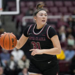 
              Santa Clara guard Ashley Hiraki (31) brings the ball up against Stanford during the first half of an NCAA college basketball game in Stanford, Calif., Wednesday, Nov. 30, 2022. (AP Photo/Jeff Chiu)
            