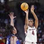 
              South Carolina forward Aliyah Boston (4) shoots against Hampton during the second quarter of an NCAA college basketball game in Columbia, S.C., Sunday, Nov. 27, 2022. (AP Photo/Nell Redmond)
            