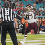Florida State tight end Camren McDonald (87) scores a touchdown during the second half of an NCAA college football game against Miami, Saturday, Nov. 5, 2022, in Miami Gardens, Fla.(AP Photo/Lynne Sladky)