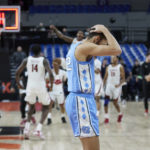 North Carolina forward Pete Nance reacts to the team's 103-101 loss to Alabama in four overtimes in an NCAA college basketball game in the Phil Knight Invitational tournament in Portland, Ore., Sunday, Nov. 27, 2022. (AP Photo/Craig Mitchelldyer)