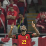 Belgium's Michy Batshuayi celebrates after scoring his side's opening goal during the World Cup group F soccer match between Belgium and Canada, at the Ahmad Bin Ali Stadium in Doha, Qatar, Wednesday, Nov. 23, 2022. (AP Photo/Martin Meissner)