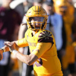 Arizona State quarterback Trenton Bourguet throws a pass against Oregon State during the second half of an NCAA college football game in Tempe, Ariz., Saturday, Nov. 19, 2022. Oregon State won 31-7. (AP Photo/Ross D. Franklin)