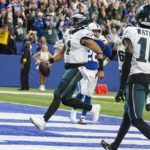 Philadelphia Eagles quarterback Jalen Hurts (1) runs in for a touchdown in the fourth quarter of an NFL football game against the Indianapolis Colts in Indianapolis, Sunday, Nov. 20, 2022. The Eagles defeated the Colts 17-16. (AP Photo/Darron Cummings)