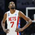 
              Brooklyn Nets forward Kevin Durant (7) looks at the clock during the first half of an NBA basketball game against the Charlotte Hornets, Saturday, Nov. 5, 2022, in Charlotte, N.C. (AP Photo/Rusty Jones)
            