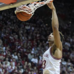
              Indiana forward Trayce Jackson-Davis (23) dunks during the second half of an NCAA college basketball game against Jackson State, Friday, Nov. 25, 2022, in Bloomington, Ind. (AP Photo/Darron Cummings)
            