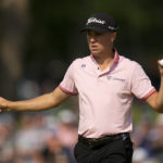 
              FILE - Justin Thomas celebrates after a birdie on the 17th hole during the final round of the PGA Championship golf tournament at Southern Hills Country Club, Sunday, May 22, 2022, in Tulsa, Okla. His 3-wood onto the green at the 17th led to birdie that enabled him to win his second major. (AP Photo/Eric Gay, File)
            