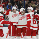 
              Detroit Red Wings players celebrate their goal against the Columbus Blue Jackets during the first period of an NHL hockey game, Saturday, Nov. 19, 2022, in Columbus, Ohio. (AP Photo/Jay LaPrete)
            