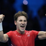 Norway's Casper Ruud celebrates after winning against United States' Taylor Fritz during their singles tennis match of the ATP World Tour Finals, at the Pala Alpitour in Turin, Italy, Wednesday, Nov. 16, 2022. (AP Photo/Antonio Calanni)