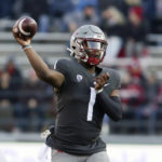 
              Washington State quarterback Cameron Ward throws a pass during the first half of an NCAA college football game against Arizona State, Saturday, Nov. 12, 2022, in Pullman, Wash. (AP Photo/Young Kwak)
            