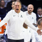 
              Michigan State coach Tom Izzo looks to a referee during the first half of the team's NCAA college basketball game against Notre Dame on Wednesday, Nov. 30, 2022, in South Bend, Ind. (AP Photo/Michael Caterina)
            
