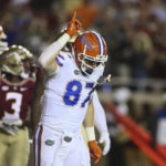 Florida tight end Jonathan Odom (87) celebrates his touchdown in the first quarter of an NCAA college football game against Florida State, Friday, Nov. 25, 2022, in Tallahassee, Fla. (AP Photo/Phil Sears)