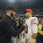 San Francisco 49ers quarterback Jimmy Garoppolo greets Arizona Cardinals head coach Kliff Kingsbury after the 49ers defeated the Cardinals 38-10 in an NFL football game Monday, Nov. 21, 2022, in Mexico City. (AP Photo/Fernando Llano)
