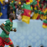 
              Cameroon's Vincent Aboubakar celebrates after scoring his side's second goal during the World Cup group G soccer match between Cameroon and Serbia, at the Al Janoub Stadium in Al Wakrah, Qatar, Monday, Nov. 28, 2022. (AP Photo/Frank Augstein)
            