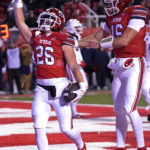 Utah running back Charlie Vincent (26) celebrates after scoring against Arizona during the second half of an NCAA college football game Saturday, Nov. 5, 2022, in Salt Lake City. (AP Photo/Rick Bowmer)