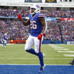 
              Buffalo Bills running back Devin Singletary (26) celebrates his touchdown in the first half of an NFL football game against the Minnesota Vikings, Sunday, Nov. 13, 2022, in Orchard Park, N.Y. (AP Photo/Jeffrey T. Barnes)
            