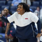 FILE - Mississippi head coach Yolett McPhee-McCuin yells to her players in the first half of an NCAA college basketball semifinal round game against South Carolina at the women's Southeastern Conference tournament Saturday, March 5, 2022, in Nashville, Tenn.  The Atlantic Coast and Southeastern conferences have led the way among the power conferences in hiring coaches of color to lead women's basketball programs. (AP Photo/Mark Humphrey, File)