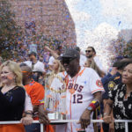 
              Houston Astros manager Dusty Baker holds the trophy during a victory parade for the World Series baseball champions Monday, Nov. 7, 2022, in Houston. (AP Photo/David J. Phillip)
            