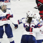 United States' Rory Guilday (36) celebrates her goal against Canada with Hilary Knight (21) and Savannah Harmon (15) during the second period of a Rivalry Series hockey game Thursday, Nov. 17, 2022, in Kamloops, British Columbia. (Jesse Johnston/The Canadian Press via AP)